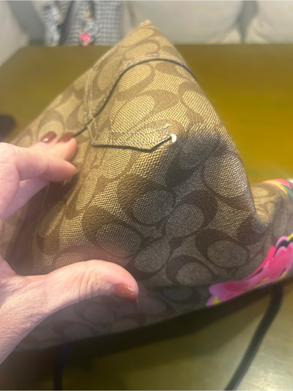 Coach Brown Signature Canvas Floral Tote with Pink & Yellow Blooms - Picture 6 of 9